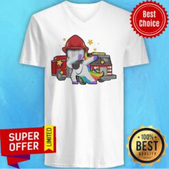 Top Firefighter Dabbing Unicorn Funny V-neck