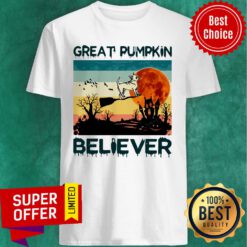 Vintage Great Pumpkin Believer Dog Sunset Broom Halloween Shirt