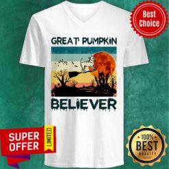Vintage Great Pumpkin Believer Dog Sunset Broom Halloween V-neck
