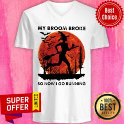 Halloween My Broom Broke So Now I Go Running Sunset V-neck