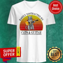 Top Easily Distracted By Cats And Guitar Vintage V-neck