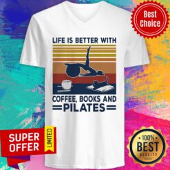 Girl And Cat Life Is Better With Coffee Books And Pilates Vintage Retro V-neck