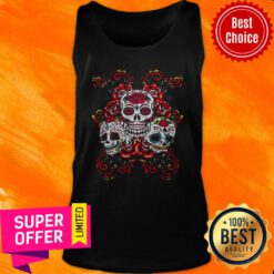 Official Triple Skull Red Floral Day Of The Dead Sugar Skulls Tank Top