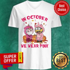 Unicorn And Minions Pumpkin In October We Wear Pink Halloween V-neck