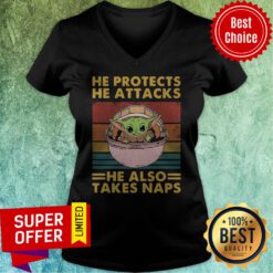 Star Wars Baby Yoda He Protects He Attacks He Also Takes Naps Vintage Retro V-neck