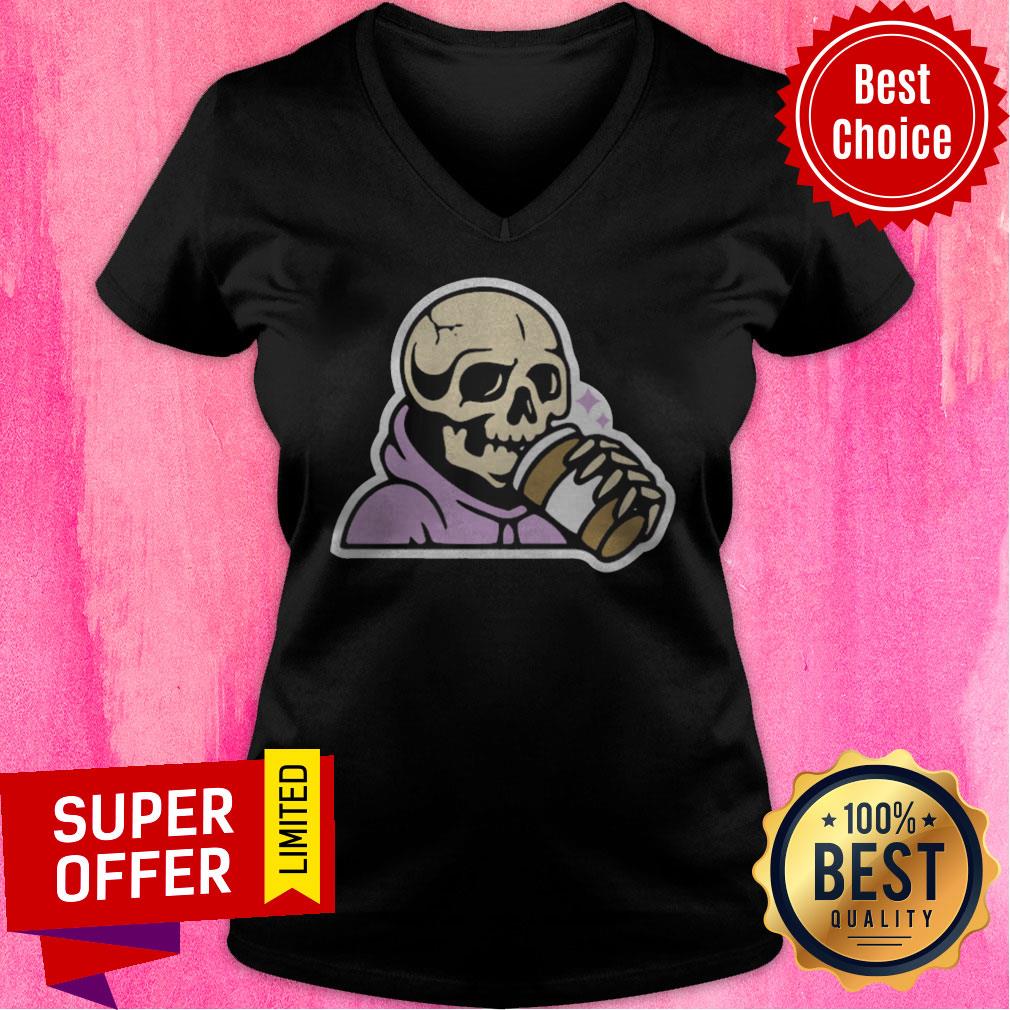 Premium Happy Halloween Coffee Drinking Skeleton Shirt Premium Happy Halloween Coffee Drinking Skeleton V-neck