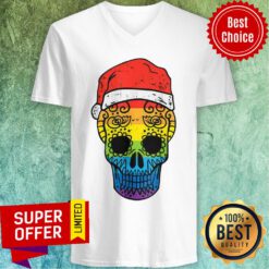 Awesome Gay Pride Santa Hat Sugar Skull LGBT Christmas Mexican V-neck