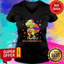 Official Santa Dinosaur Pumpkin Happy Hallothanksmas V-neck