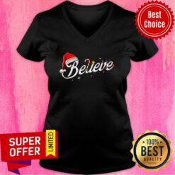 Top Believe Santa Hat Elf Rudolph Candy Merry Christmas V-neck