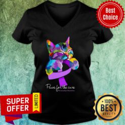 Cat Colorful Paws For The Cure Fibromyalgia Awareness V-neck