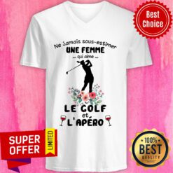 Ne Jamais Sous-estimer Une Femme Qui Aime Le Golf Et L’apero Golfer Silhouette Flower Wine Glasses V-neck