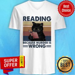 Black Cat Read Books Reading Because Murder Is Wrong Vintage Retro V-neck