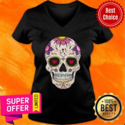 Hand Draw Floral Sugar Skull Sugar Skull V-neck
