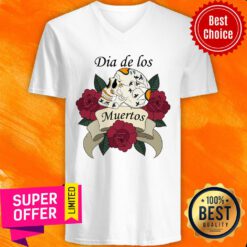 Ribbon Dia De Los Muertos Sugar Skull With Roses V-neck