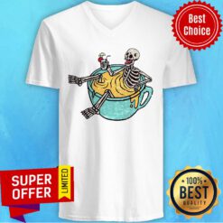 Skeleton Drinking Coffee And Shower Dia De Los Muertos Day Dead Halloween V-neck