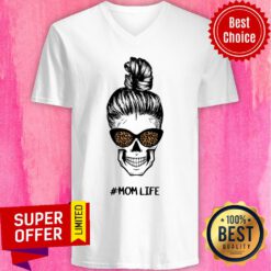 Skull Mom Life Messy Bun Leopard Day Of The Dead V-neck