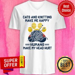 Cats And Knitting Make Me Happy Humans Make My Head Hurt Paw Cat Vintage V-neck
