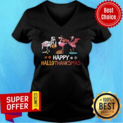 Flamingos Pumpkin Happy Hallothanksmas V-neck