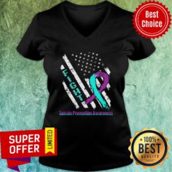 Suicide Prevention Awareness American Flag Teal And Purple Ribbon Fight V-neck