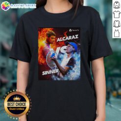 Awesome graphic tee featuring Carlos Alcaraz vs Jannik Sinner in a fiery vs icy tennis showdown design.