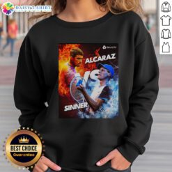 Awesome Carlos Alcaraz vs Jannik Sinner tennis graphic sweatshirt featuring fire and ice design, perfect for fans.