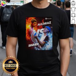 Alt Text: Awesome Carlos Alcaraz Vs Jannik Sinner Tennis Fire Vs Ice Graphic T-Shirt featuring vibrant design and bold colors.