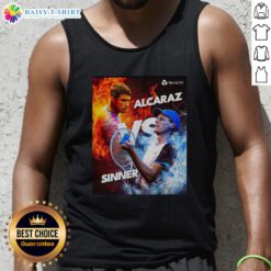 Awesome Carlos Alcaraz vs Jannik Sinner tennis graphic tank top featuring fire and ice design for sports enthusiasts.