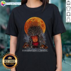 Good Halloween Is Coming Game of Thrones parody tee featuring Iron Throne, pumpkin, and skull design for ladies.