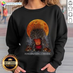 Good Halloween is Coming Game of Thrones parody sweatshirt featuring Iron Throne pumpkin skull bear design.