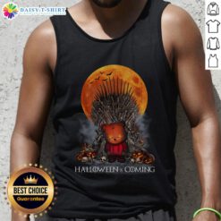Good Halloween is Coming Game of Thrones parody tank top featuring Iron Throne, pumpkin, and skull design.