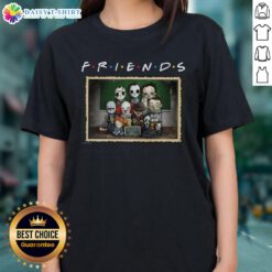 Good Horror Friends mashup featuring iconic scary movie characters on a ladies tee for horror fans.