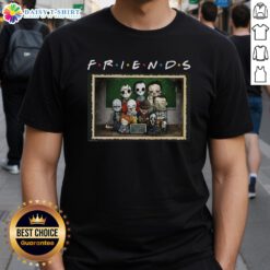 Good Horror Friends Scary Movie Characters Mashup Parody T-Shirt featuring iconic horror villains in a fun design.