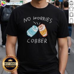 Alt Text: Good No Worries Cobber Lkc Cans T-Shirt featuring a vibrant graphic design, perfect for casual wear and summer outings.