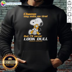 Cheerful Snoopy wearing a leukemia awareness hoodie, showcasing positivity in chemo despite fatigue.