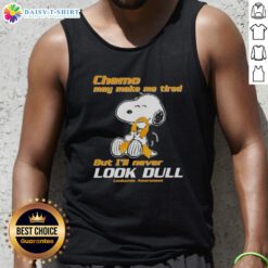 Cheerful woman wearing a leukemia awareness tank top featuring Snoopy, promoting positivity during chemo fatigue.