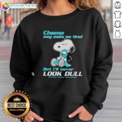 Alt Text: Ovarian cancer awareness sweatshirt featuring Snoopy, promoting positivity despite chemo fatigue.