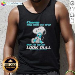 Cheerful woman in a tank top with Snoopy design, promoting Ovarian Cancer Awareness, despite feeling tired from chemo.