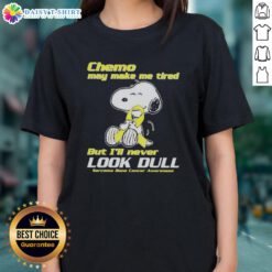 Good Snoopy chemo tee for bone cancer awareness, showcasing vibrant design and message about sarcoma fatigue.