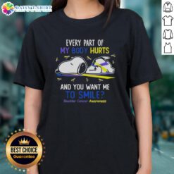 Alt Text: Good Snoopy tee for bladder cancer awareness, featuring Snoopy and the phrase about pain and smiling.