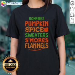 Cozy ladies tee featuring bonfires, pumpkin spice, and s'mores designs, perfect for fall flannels and sweater weather.