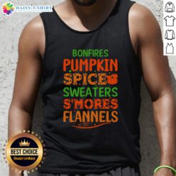 Cozy bonfire scene with pumpkin spice, sweaters, and s'mores, featuring flannels and a tank top for a perfect autumn vibe.