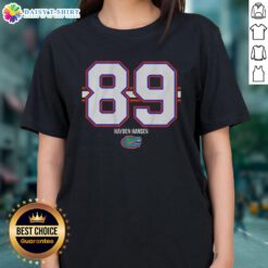 Nice Florida Gators football Hayden Hansen 89 stripe ladies tee, featuring team colors and stylish design.