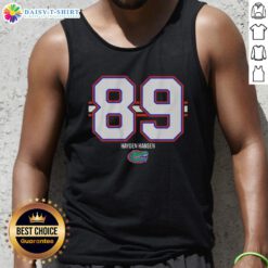 Alt Text: Hayden Hansen stripe tank top featuring Florida Gators football design, perfect for game day and fan apparel.