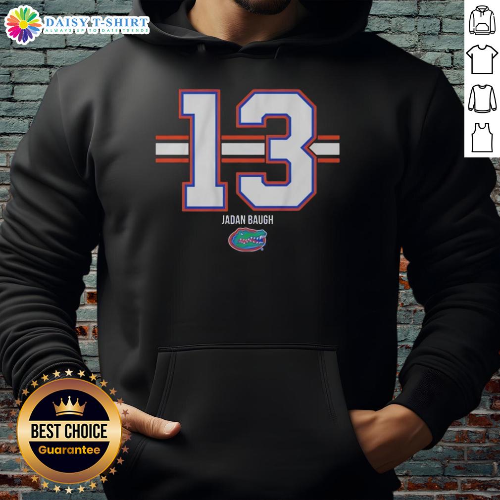 Alt Text: Jadan Baugh wearing a Florida Gators Number 13 stripe hoodie, showcasing team spirit and style in vibrant colors.