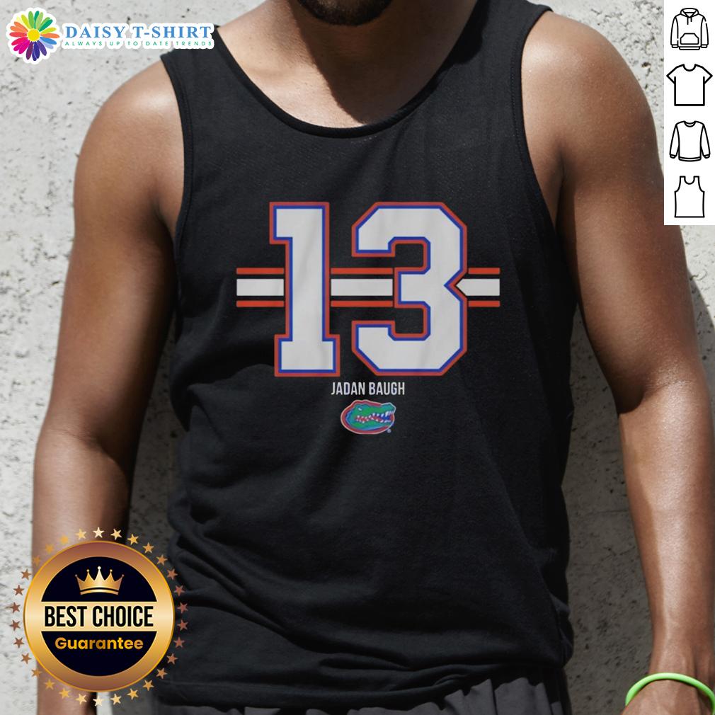 Alt Text: Jadan Baugh wearing a Florida Gators football stripe tank top, showcasing number 13 in vibrant team colors.