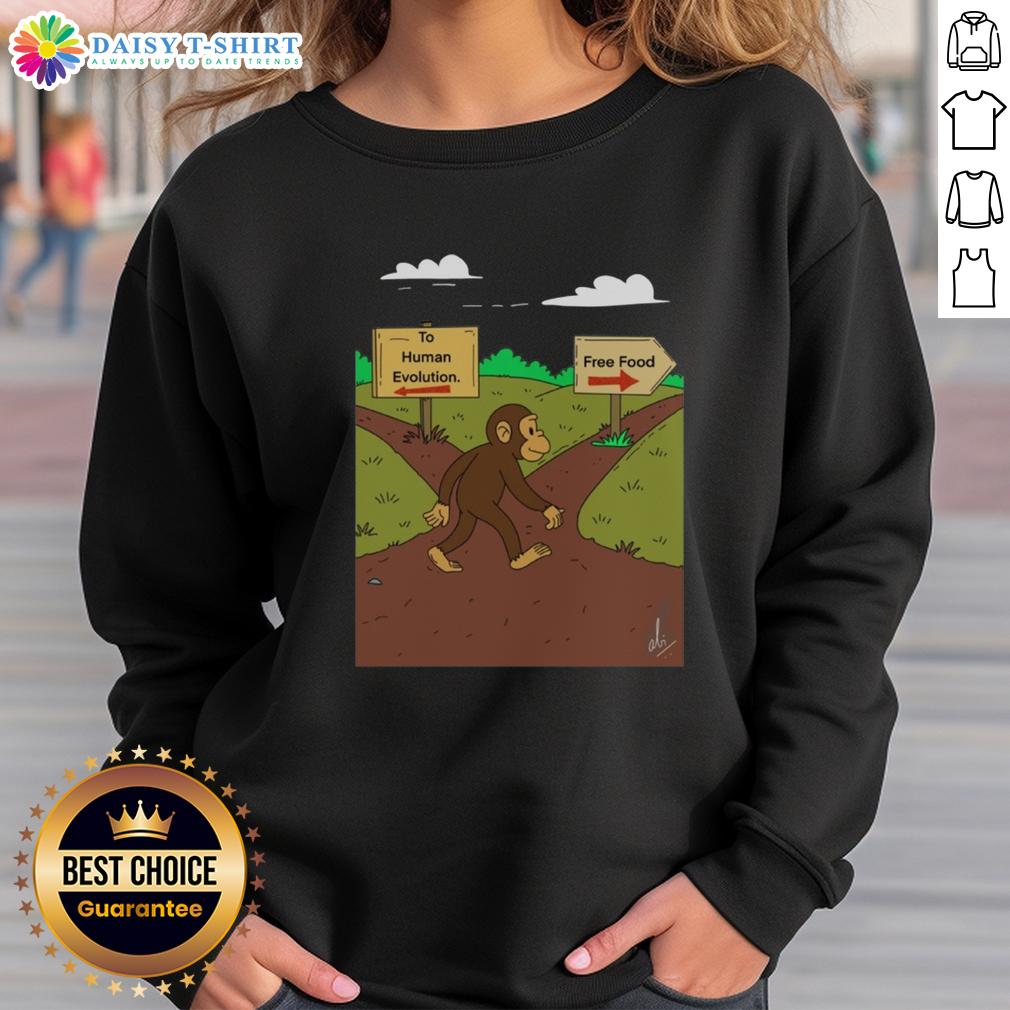 Alt Text: Nice Monkey sweatshirt featuring 'The Primal Choice' design, exploring human evolution and free food themes.