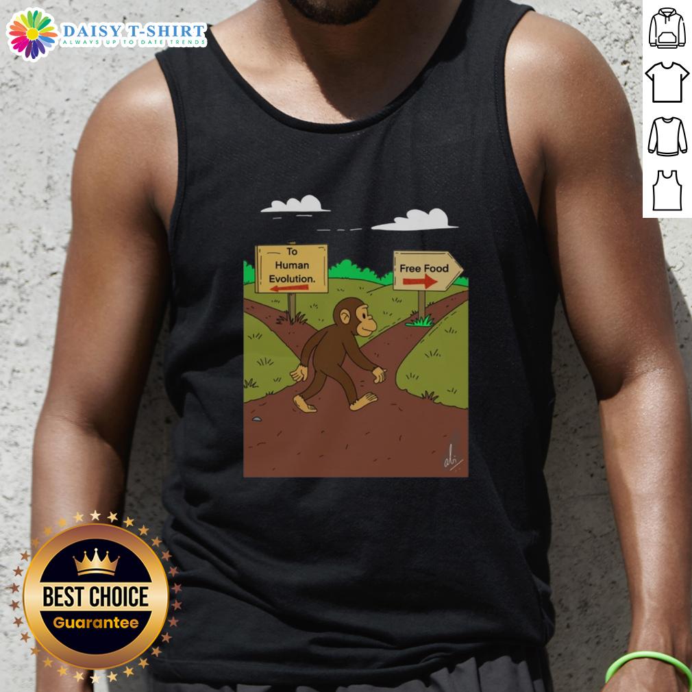 Alt Text: Nice Monkey tank top featuring 'The Primal Choice' design, highlighting human evolution and free food themes.