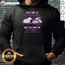 Alt Text: Snoopy hoodie with 'Every part of my body hurts' text for Pancreatic Cancer Awareness, promoting support and awareness.