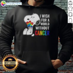 Nice Snoopy hoodie with 'I Wish For A World Without Cancer' slogan, promoting cancer awareness and support.