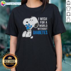 Womens tee featuring Snoopy with 'I Wish For A World Without Diabetes' slogan, promoting diabetes awareness and support.
